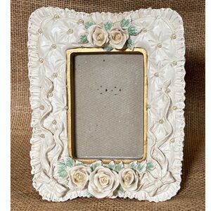 Vintage Cream Floral Faux Pearl Picture Frame Victorian Shabby Cottage Core